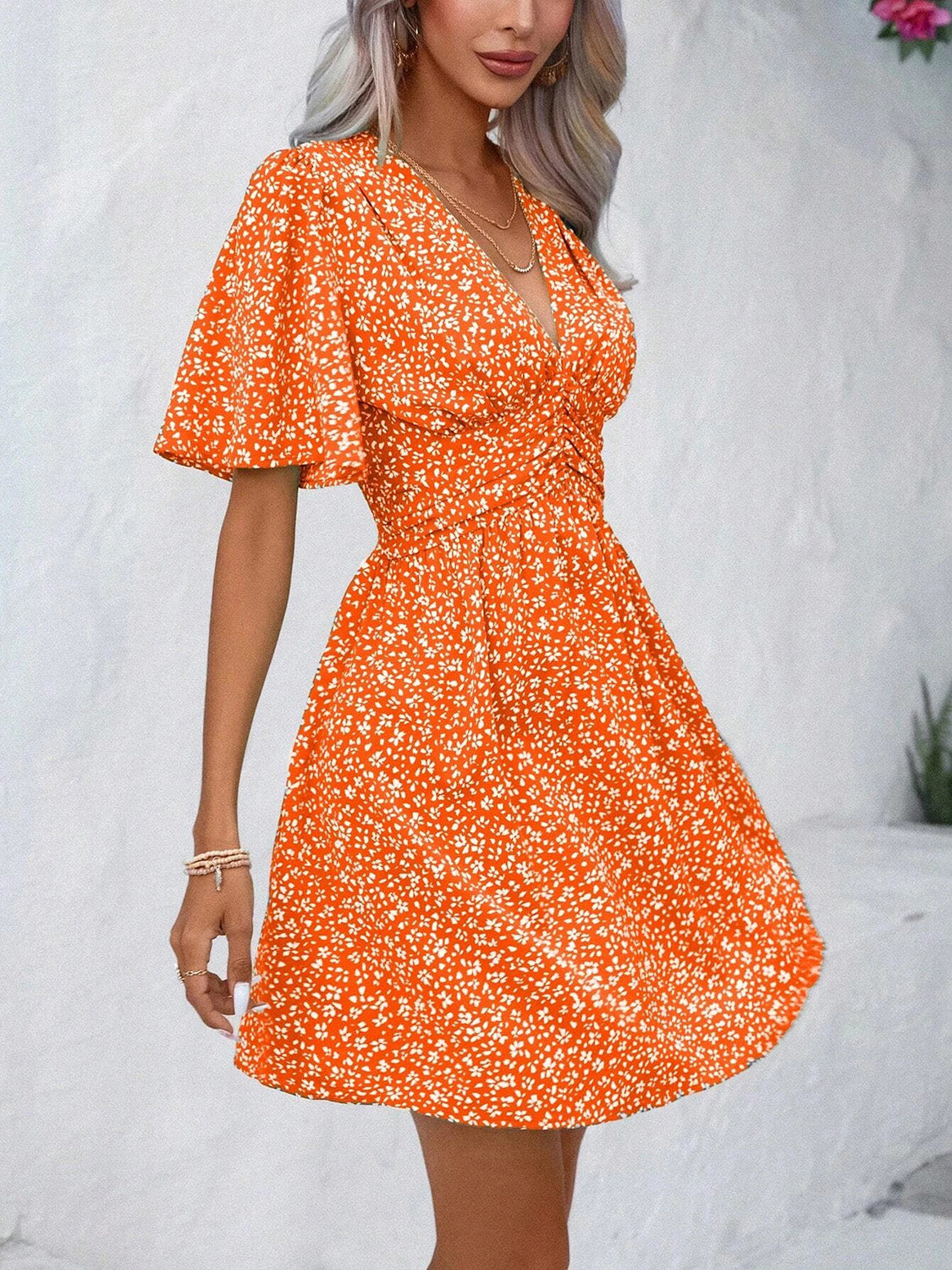 Printed V-Neck Half Sleeve Mini Dress