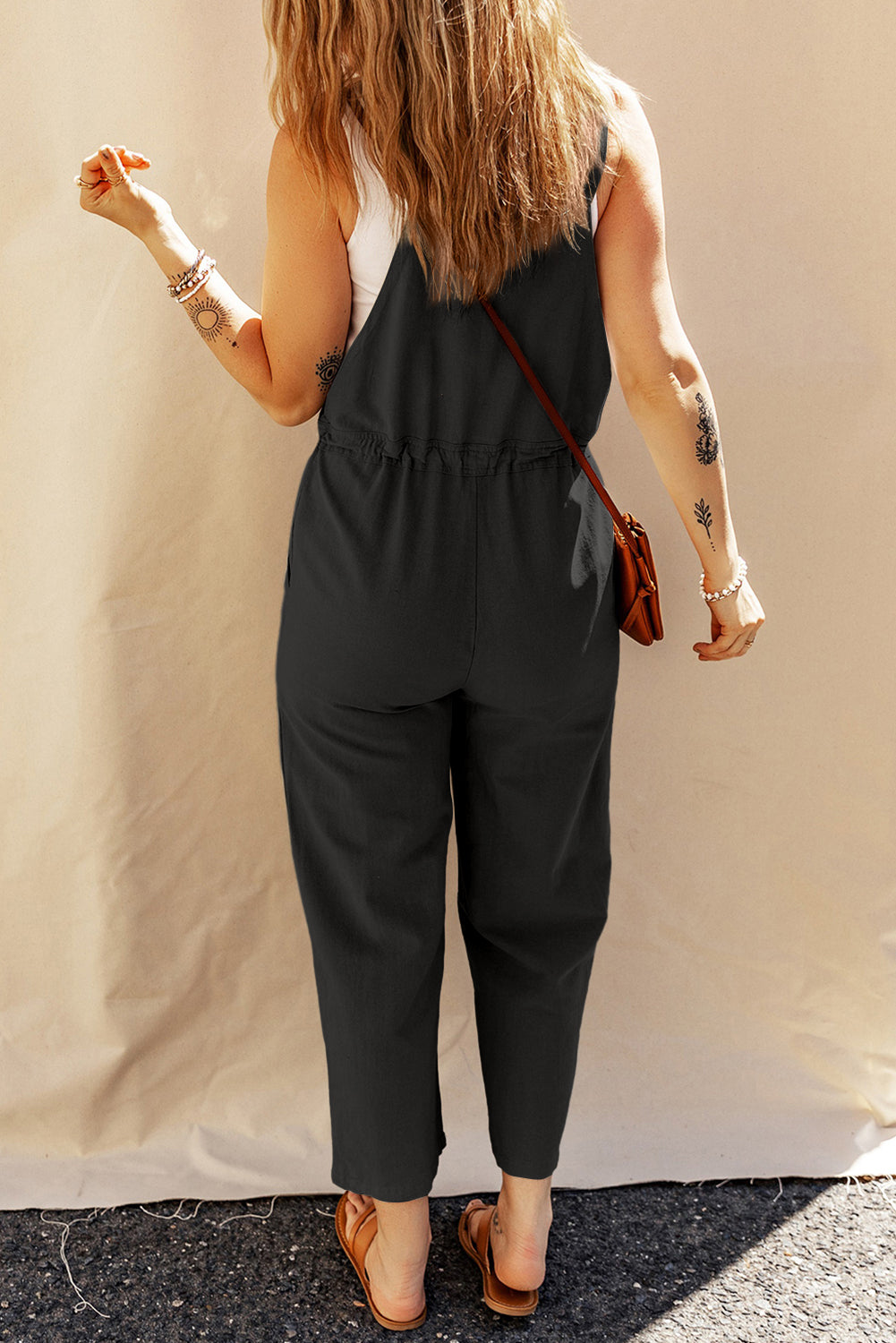 Drawstring Wide Strap Overalls with Pockets