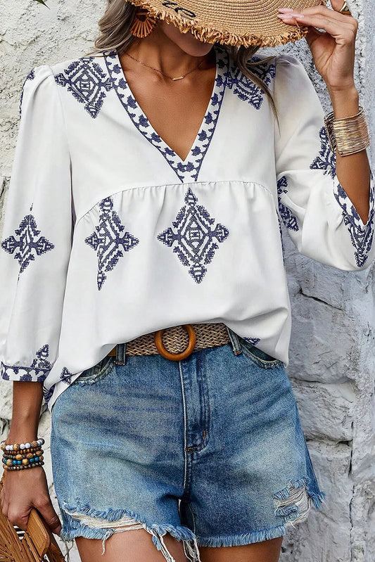 Printed V-Neck Three-Quarter Sleeve Blouse